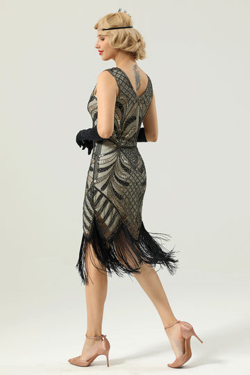 Women Gold 1920s Fringe Sequin Dress